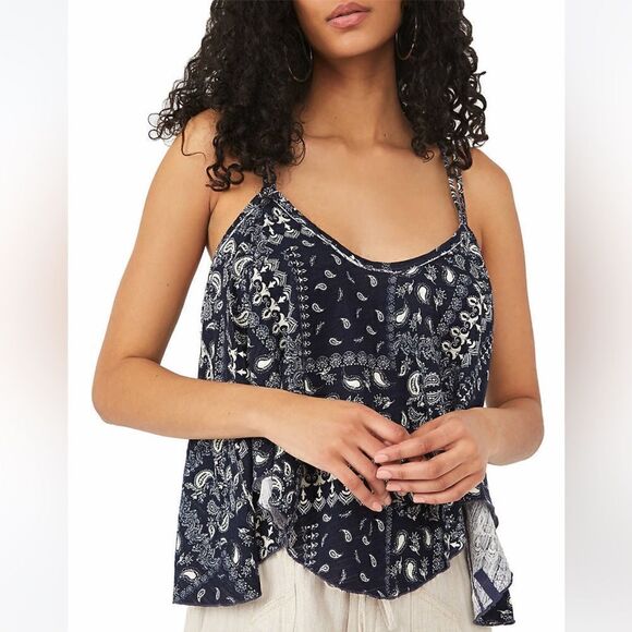 Like New Free People oversized floral cotton tank top navy M - Picture 1 of 6